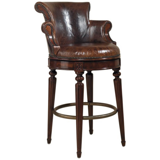 Maitland Smith Alec Counter Stool – Aged Regency Mahogany Swivel Stool with Venetian Regal Leather Upholstery, 26" x 26" x 39"