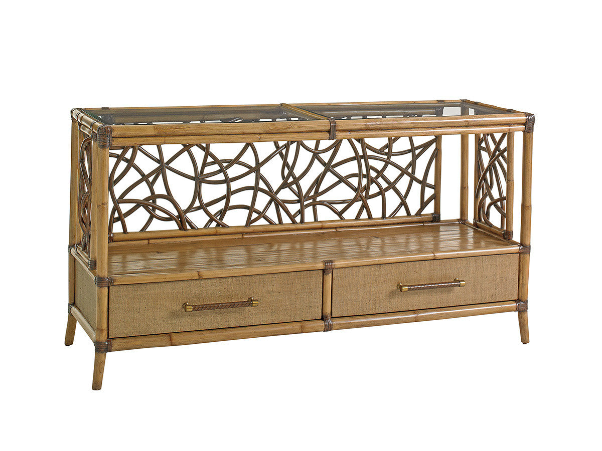 Sonesta Serving Console by Tommy Bahama Home – Twisted Rattan, Raffia Drawers & Glass Top