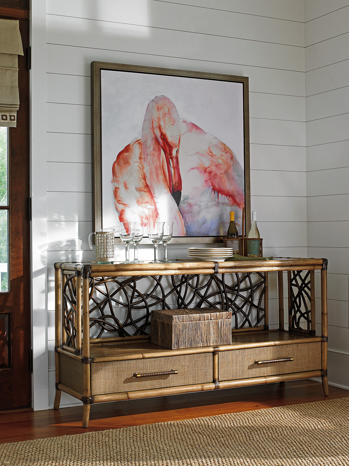 Sonesta Serving Console by Tommy Bahama Home – Twisted Rattan, Raffia Drawers & Glass Top