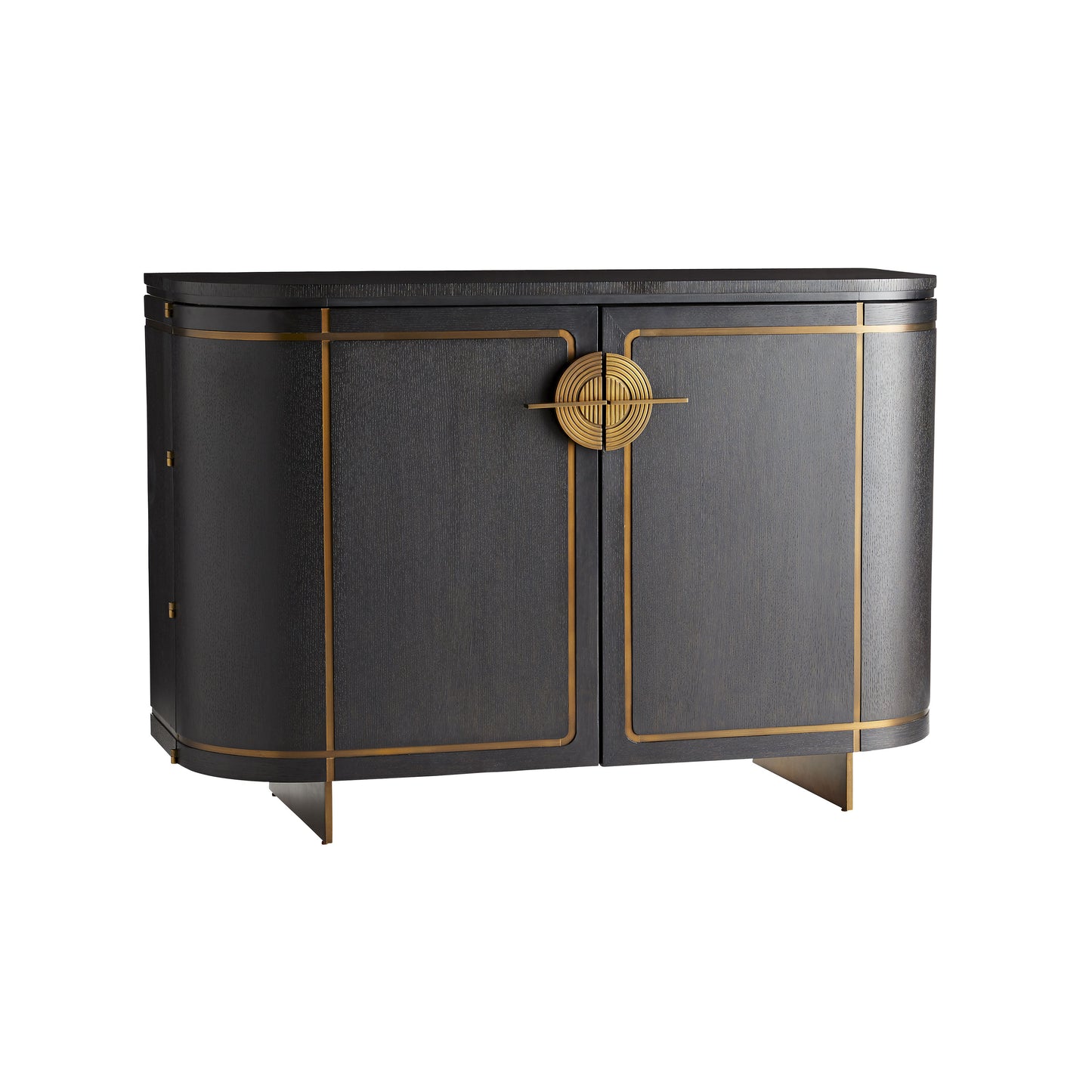 Edmondson Cabinet - Oak Veneer with Sable Finish and Curvilinear Antique Brass Inlay