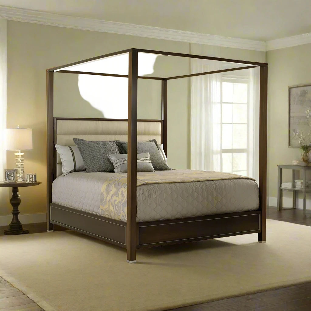 Terranea Queen Poster Bed – Upholstered Headboard & Brushed Stainless Inlays