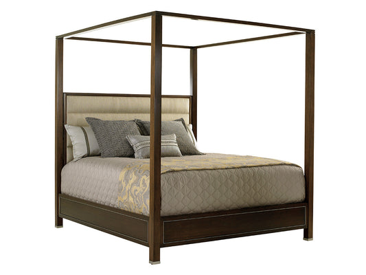 Terranea Poster Bed – California King, Brushed Stainless & Upholstered Headboard