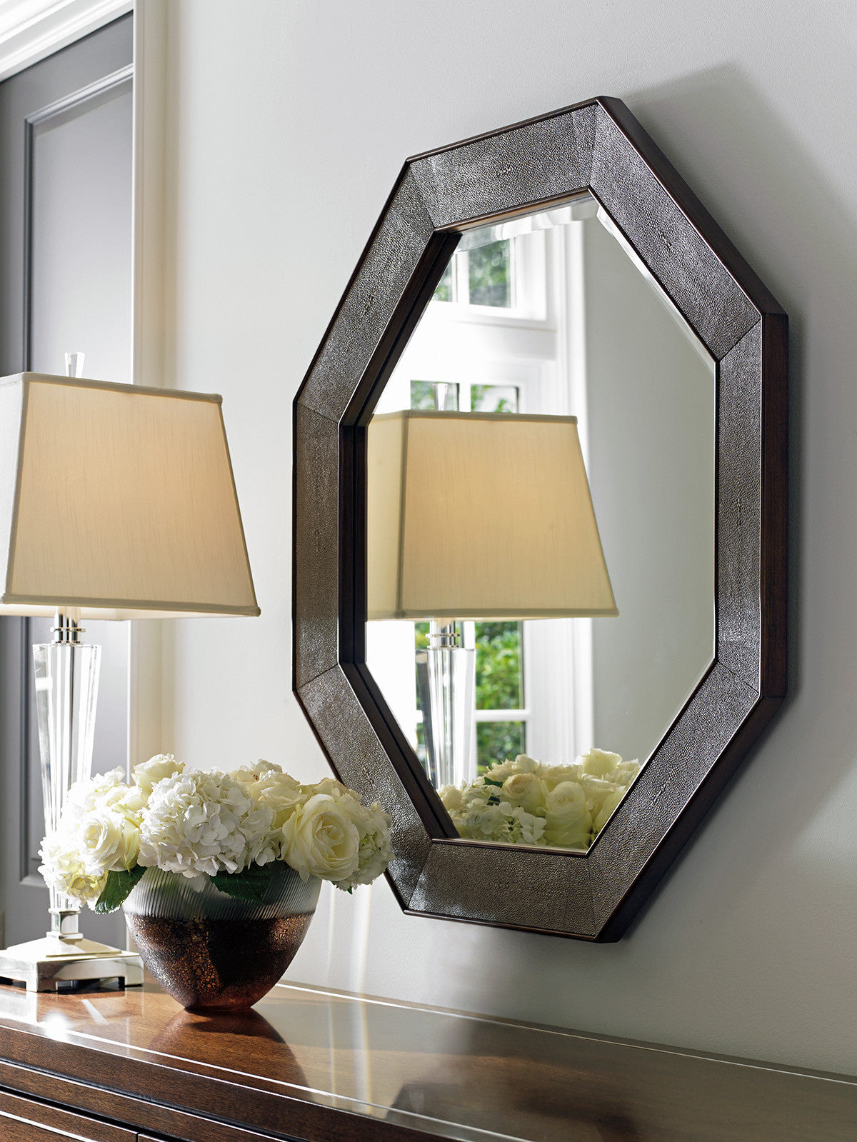 Macarthur Park Riva Octagonal Mirror – Walnut & Taupe Faux Shagreen