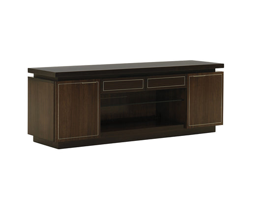 Highview Media Console by Lexington – Macarthur Park Collection, Walnut Veneers with Brushed Stainless Accents