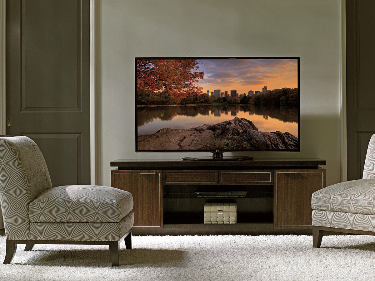 Highview Media Console by Lexington – Macarthur Park Collection, Walnut Veneers with Brushed Stainless Accents