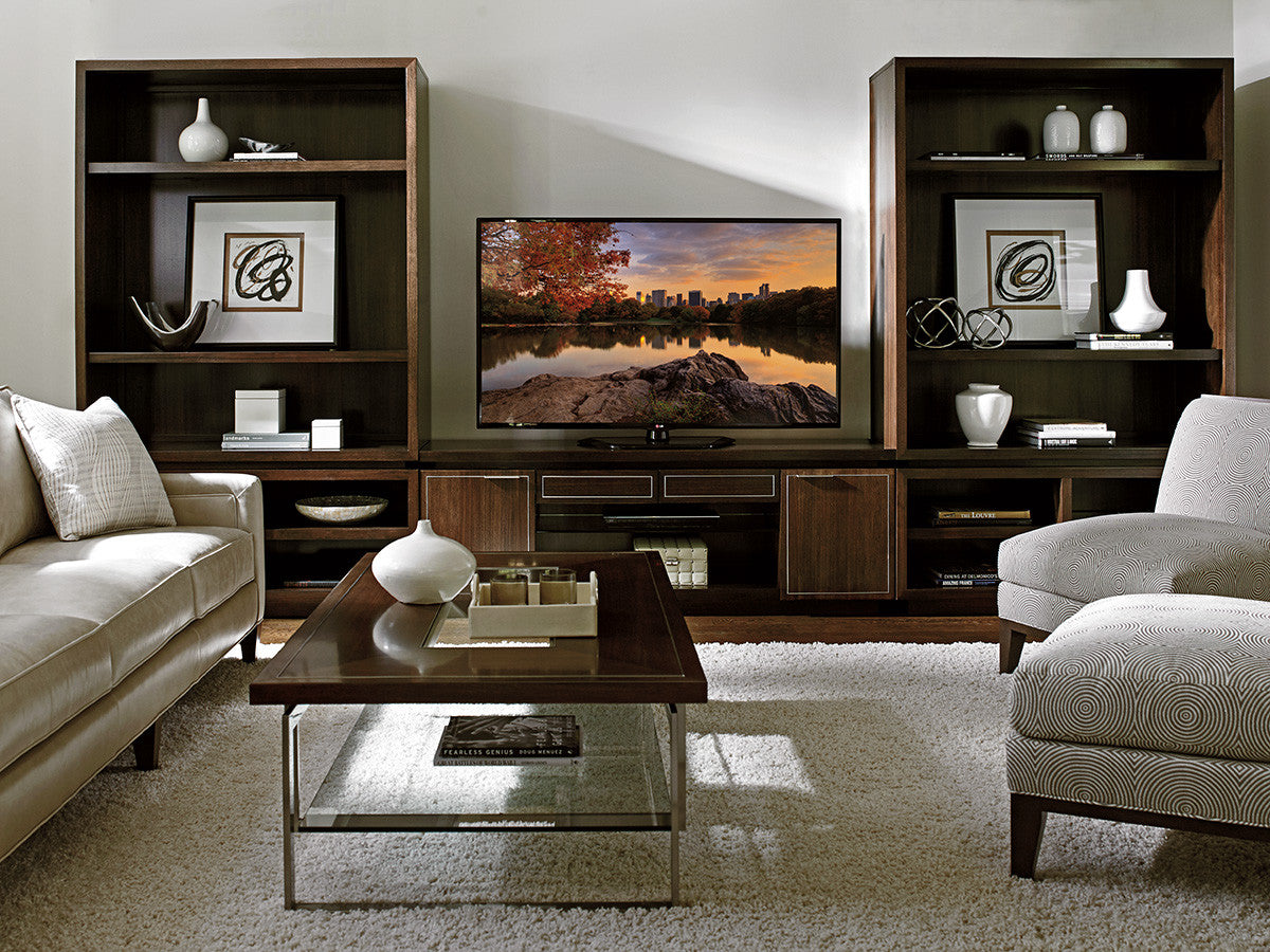 Highview Media Console by Lexington – Macarthur Park Collection, Walnut Veneers with Brushed Stainless Accents