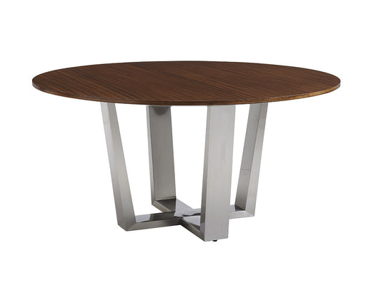 Kitano by Lexington Mandara Round Dining Table, Brushed Stainless Steel Base, Zebrano Veneer Top