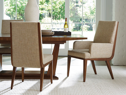 Kitano by Lexington Marino Upholstered Arm Dining Chair – Medford Fabric in Ivory and Taupe, Rich Hazelnut Finish