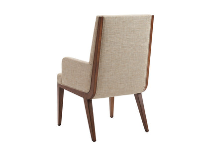 Kitano by Lexington Marino Upholstered Arm Dining Chair – Medford Fabric in Ivory and Taupe, Rich Hazelnut Finish