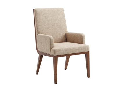 Kitano by Lexington Marino Upholstered Arm Dining Chair – Medford Fabric in Ivory and Taupe, Rich Hazelnut Finish