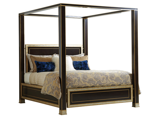 St. Regis Poster Bed – Walnut Finish, Silver Leaf & Gold Striping Accents