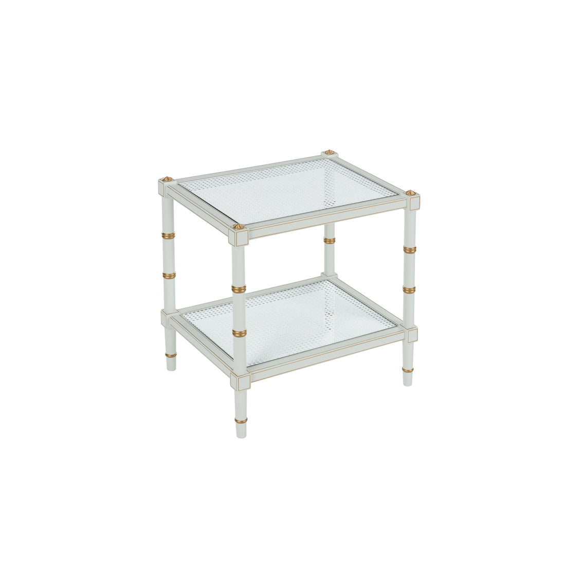 Conner Cane End Table – Gray with Gold Hand-Painted Details and Natural Caned Shelf