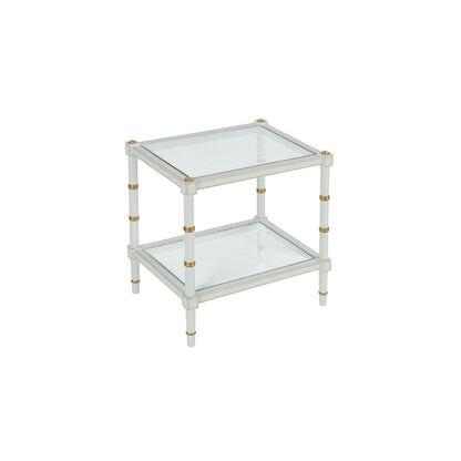 Conner Cane End Table – Gray with Gold Hand-Painted Details and Natural Caned Shelf