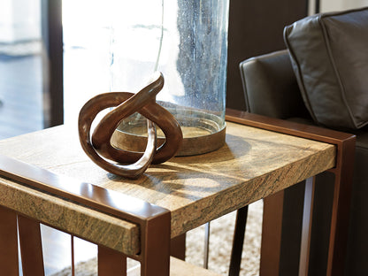 Intersect End Table, Asymmetrical Vertical Slat Metal Legs, Brazilian Gold Granite Top, Amber-Tinted Glass Shelf