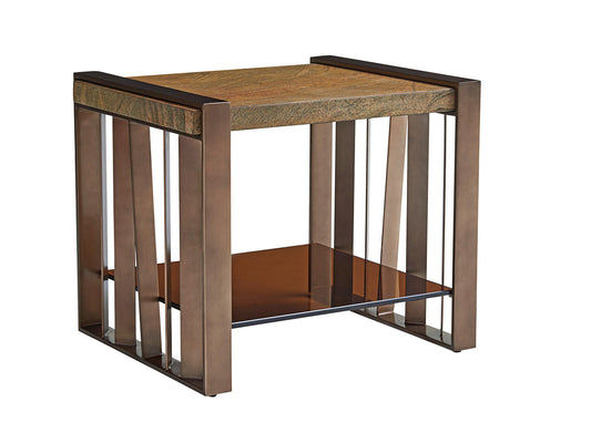 Intersect End Table, Asymmetrical Vertical Slat Metal Legs, Brazilian Gold Granite Top, Amber-Tinted Glass Shelf