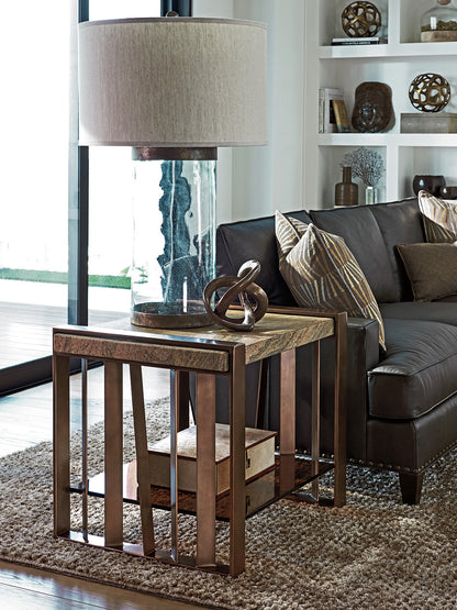 Intersect End Table, Asymmetrical Vertical Slat Metal Legs, Brazilian Gold Granite Top, Amber-Tinted Glass Shelf