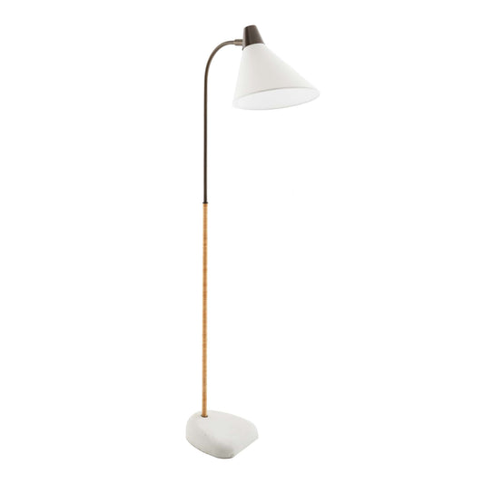 Task-Style Sweeney Floor Lamp with Natural Rattan, Bronze Steel, and White Linen Shade