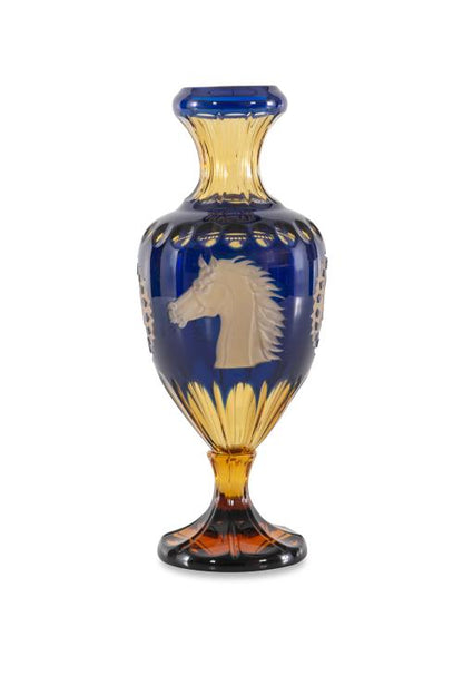 Maitland Smith Releve Vase - Blue and Gold Crystal with Hand-Carved Details