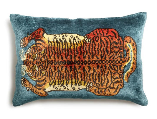 Maitland Smith Cali's Cat Teal Pillow – 24" Handcrafted Banana Silk Throw Pillow with Tiger Design