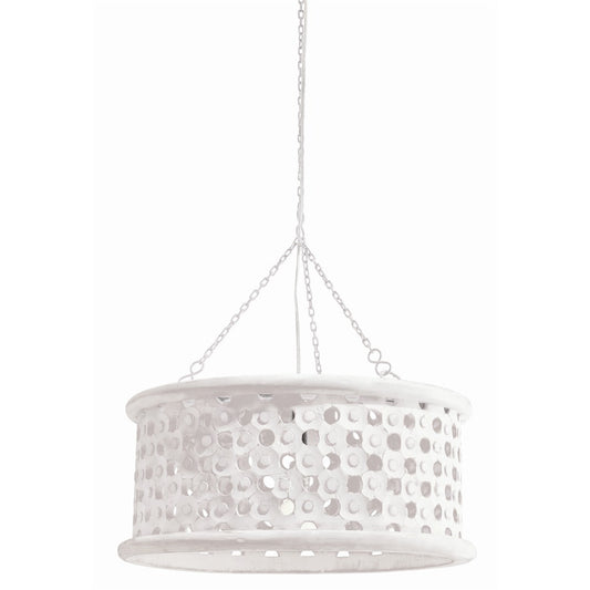 Jarrod Small Pendant - Hand-Carved Wooden Drum Shade in Whitewash Finish