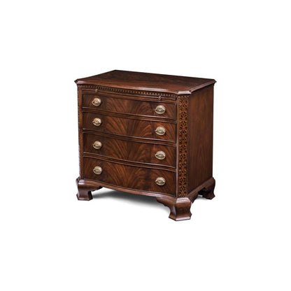 Mandolin Chest of Drawers – Crotch Mahogany Chest with Carved Details and Brass Handles