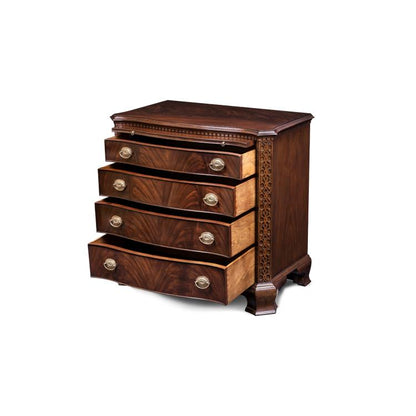 Mandolin Chest of Drawers – Crotch Mahogany Chest with Carved Details and Brass Handles