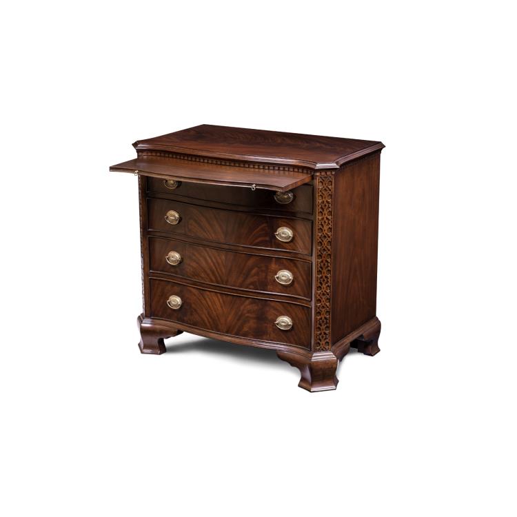 Mandolin Chest of Drawers – Crotch Mahogany Chest with Carved Details and Brass Handles
