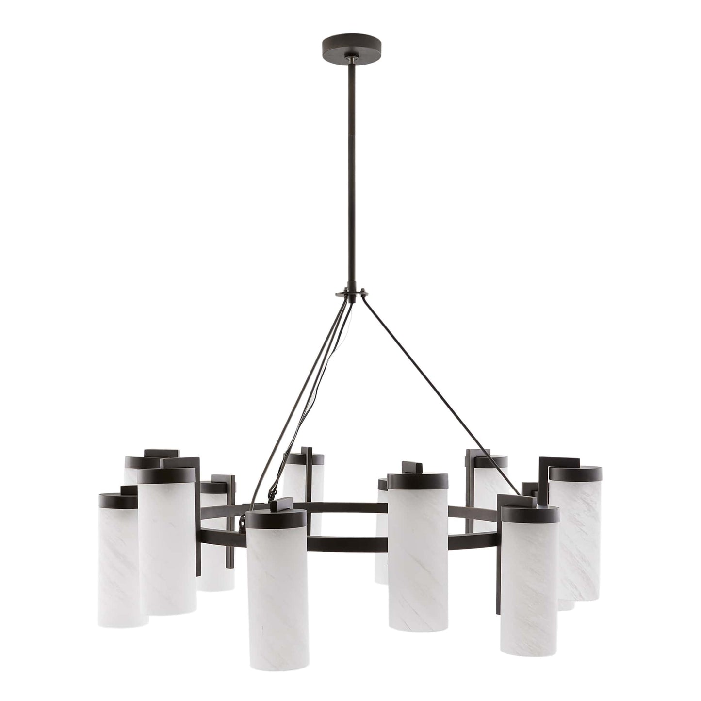 English Bronze Ryder Chandelier - Modern Classic with Matte Swirl Glass Columns