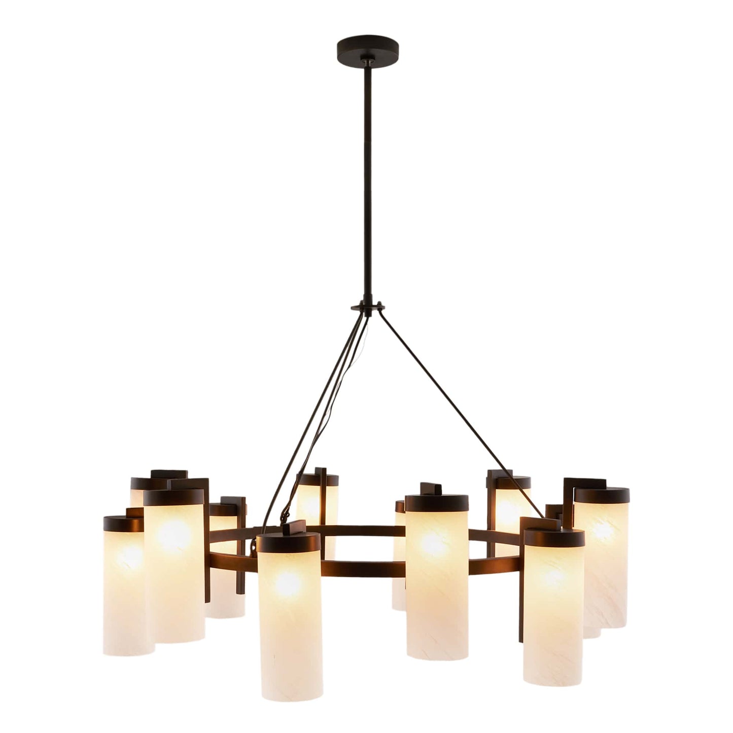 English Bronze Ryder Chandelier - Modern Classic with Matte Swirl Glass Columns