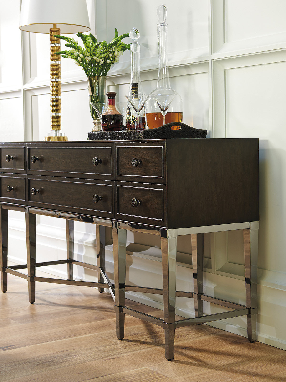 Barclay Butera Fairfax Sideboard in Black Nickel with 6 Felt-Lined Drawers