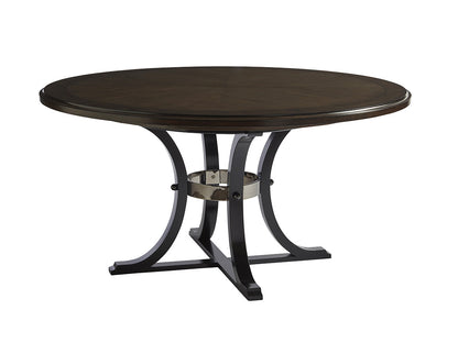 Layton Dining Table with Cherry Veneer Top and Onyx Black Base – 60-Inch Diameter, Black Nickel Stainless Steel Collar, Modern Classic Design