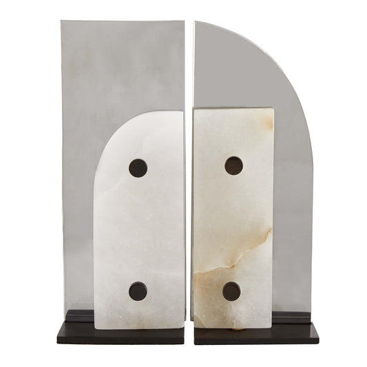 Porter Bookends - Set of 2 Modern Art Deco Smoke Luster Crystal and White Alabaster with Bronze Steel