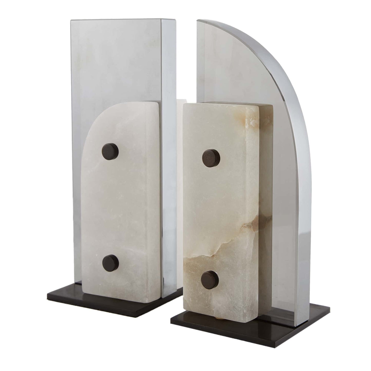 Porter Bookends - Set of 2 Modern Art Deco Smoke Luster Crystal and White Alabaster with Bronze Steel