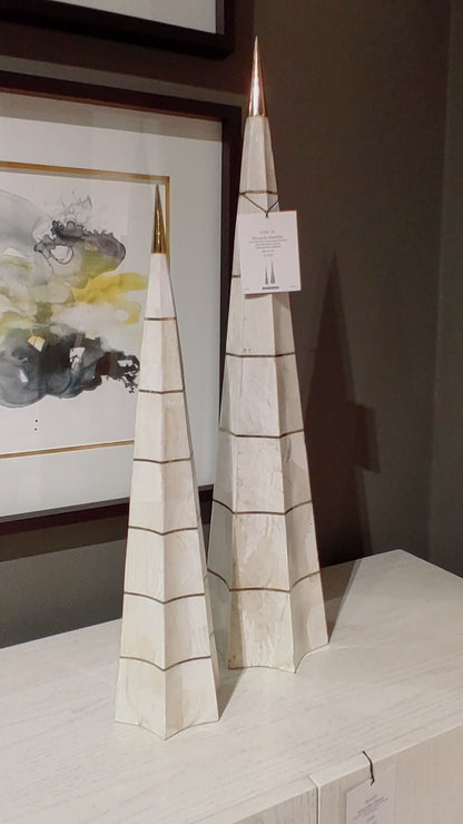 Maitland Smith Pinnacle Obelisks – Set of 2 Clam Stone Inlaid Sculptures with Brass Accents