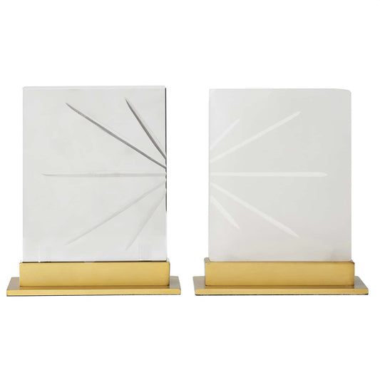 Veridian Sculptures, Set of 2 - White Alabaster and Smoke Crystal with Etched Radial Design on Antique Brass Bases