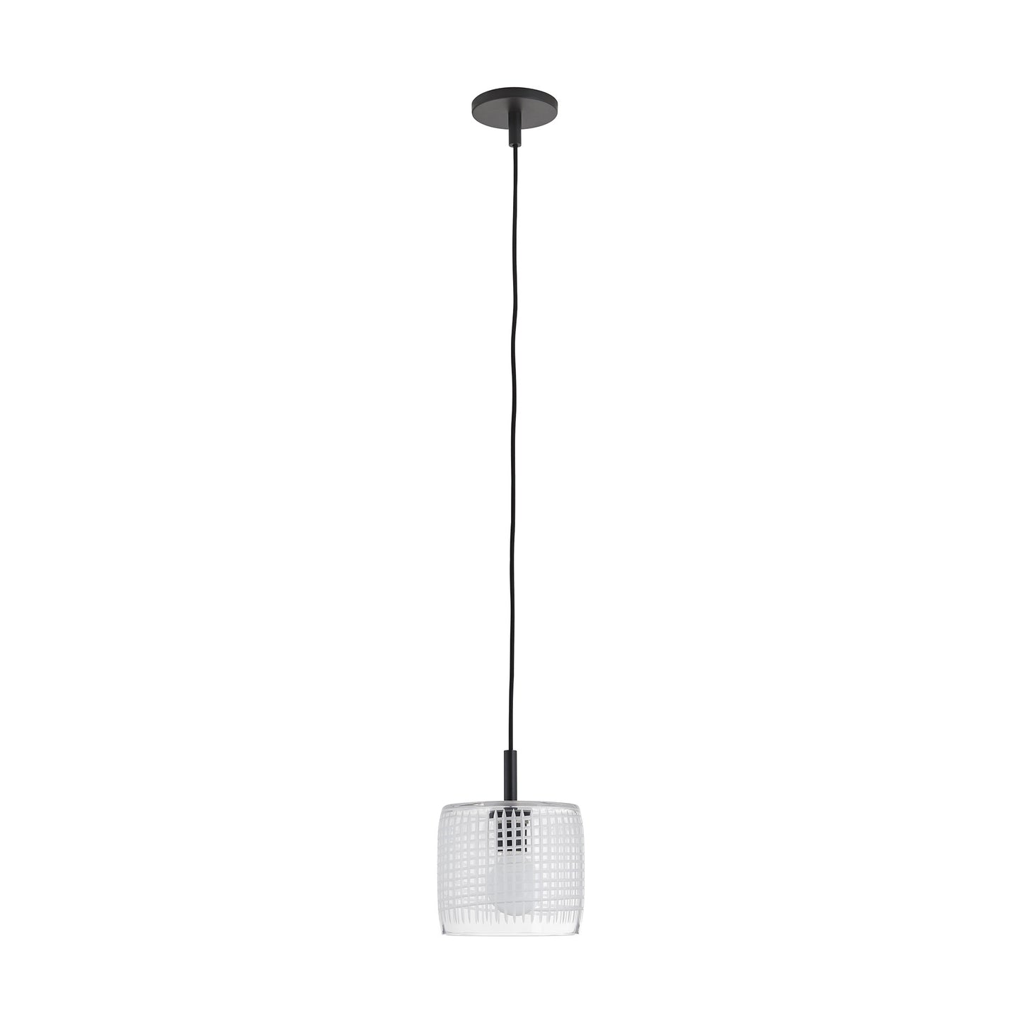 Cut Small Pendant - Clear Etched-Glass Drum Shade with Blackened Steel Top