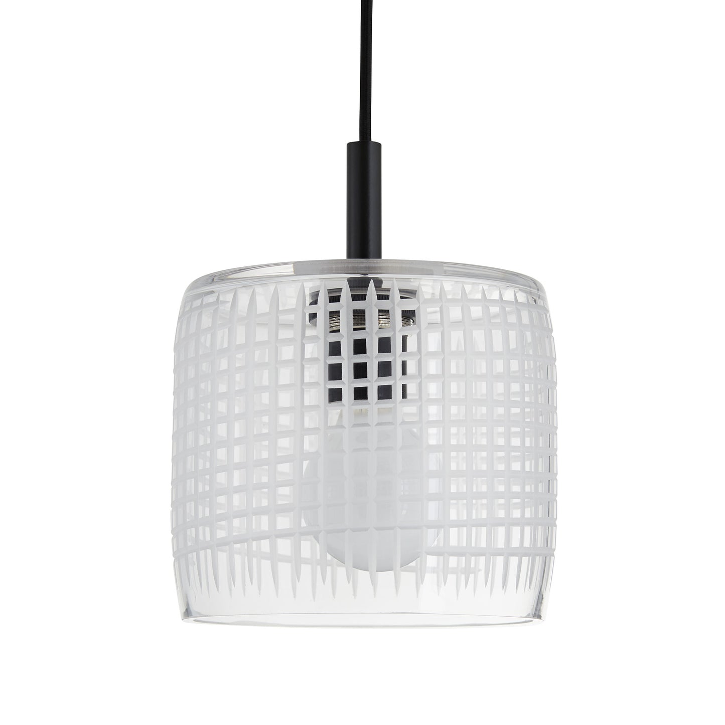 Cut Small Pendant - Clear Etched-Glass Drum Shade with Blackened Steel Top