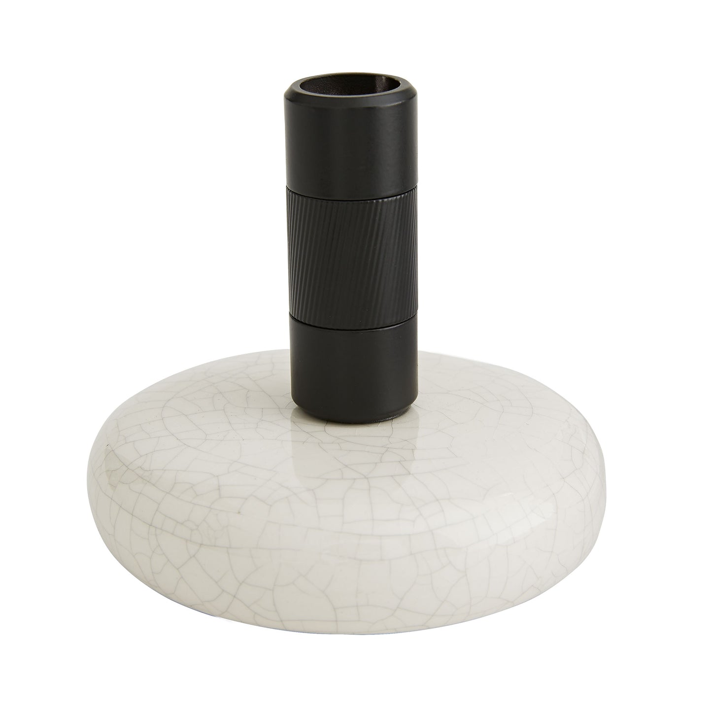 Set of 3 Glaze Candlesticks: Modern Blackened Steel Holders with Ivory Stained Crackle Ceramic Disc Bases