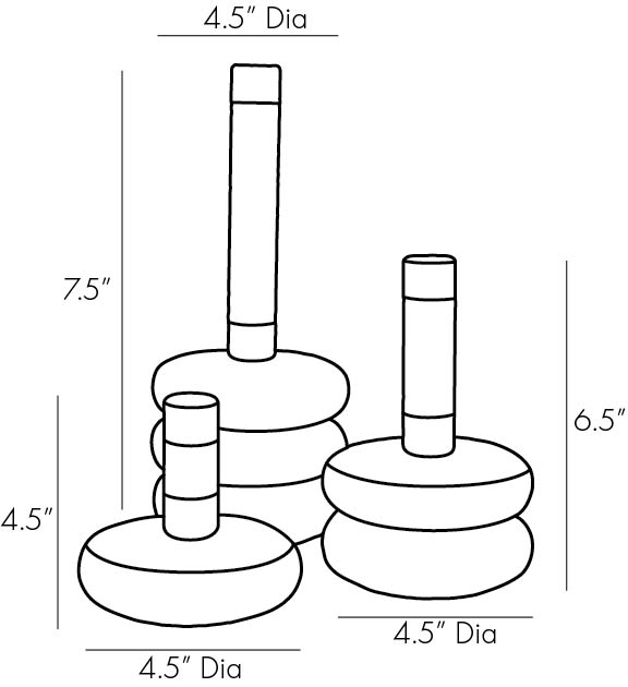 Set of 3 Glaze Candlesticks: Modern Blackened Steel Holders with Ivory Stained Crackle Ceramic Disc Bases