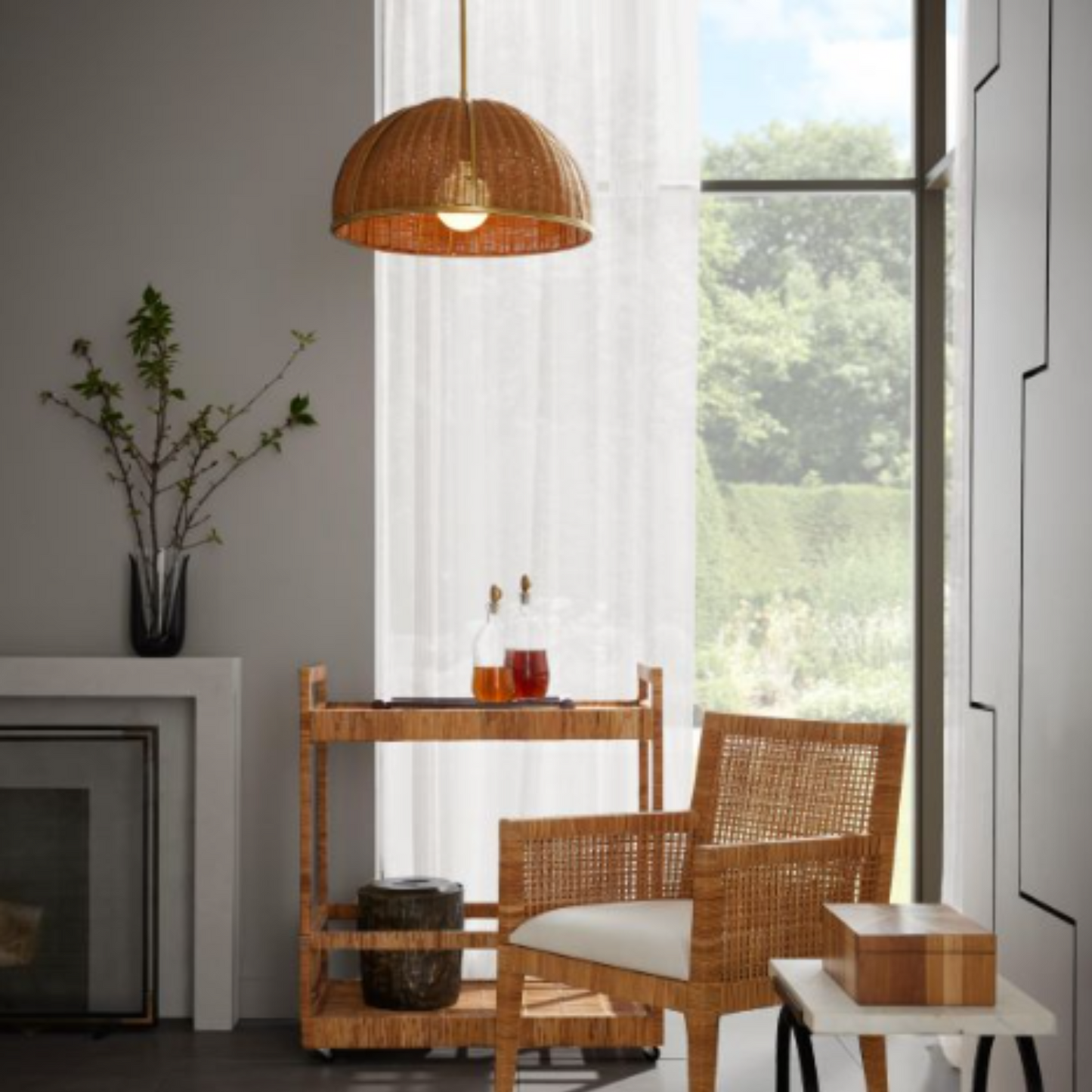 Palma Rattan Pendant Light with Antique Brass Finish - Damp Rated