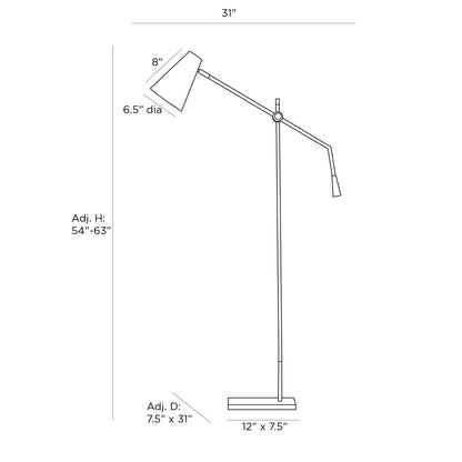 Wayne Floor Lamp - Conical Matte Cream Steel Shade with Articulating Antique Brass Steel Arm