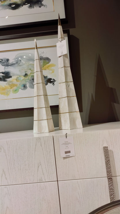 Maitland Smith Pinnacle Obelisks – Set of 2 Clam Stone Inlaid Sculptures with Brass Accents