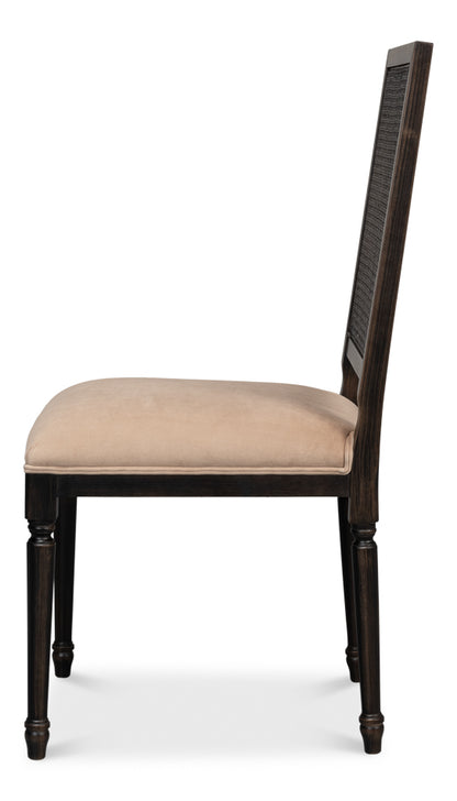 Cane Back Side Chair – Nero Finish, Toffee Upholstery, Traditional Beechwood Dining Chair