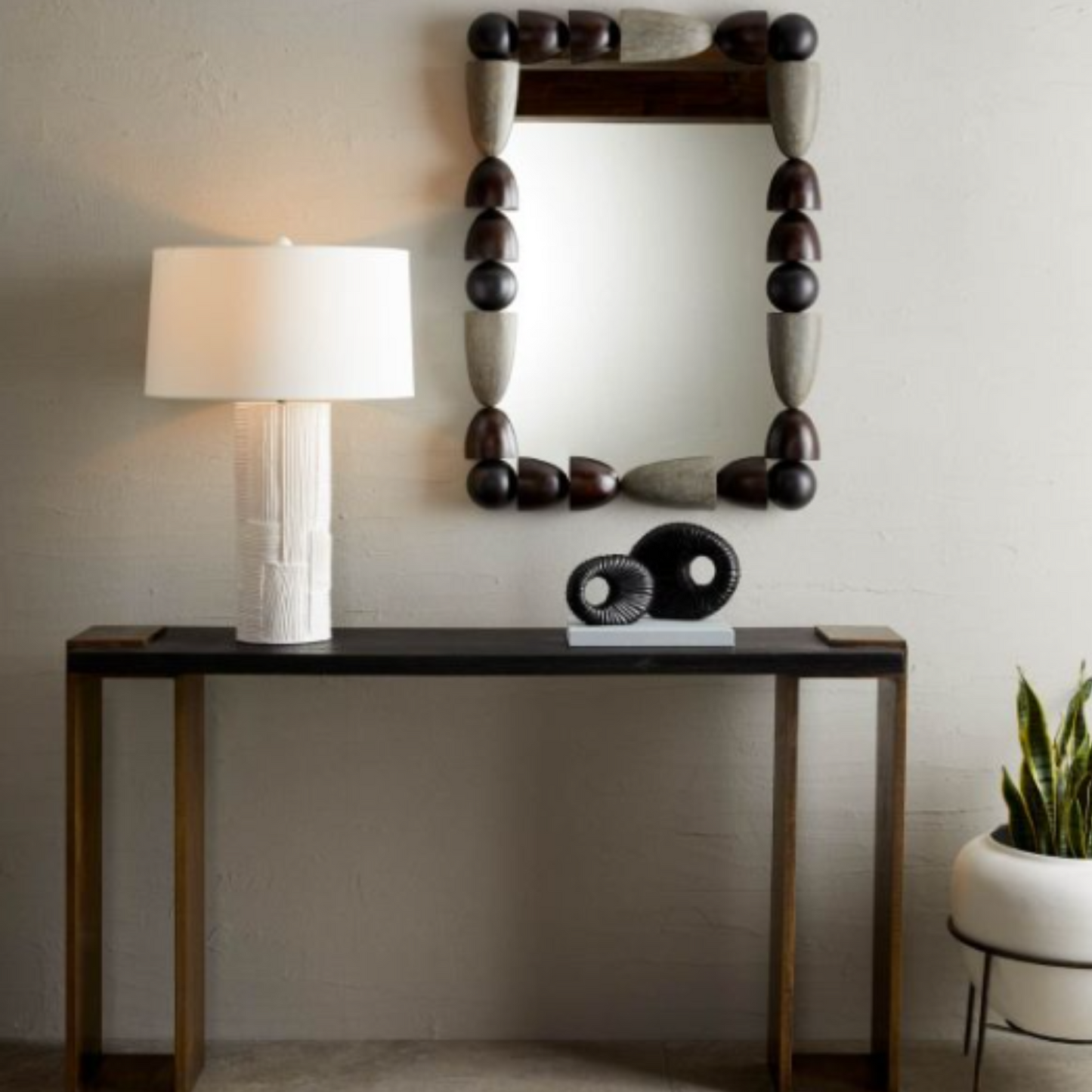 Montego Mirror - Geometric Oak Wood and Iron Frame, Ebony and Gray Wash Finish, Versatile Hanging Options