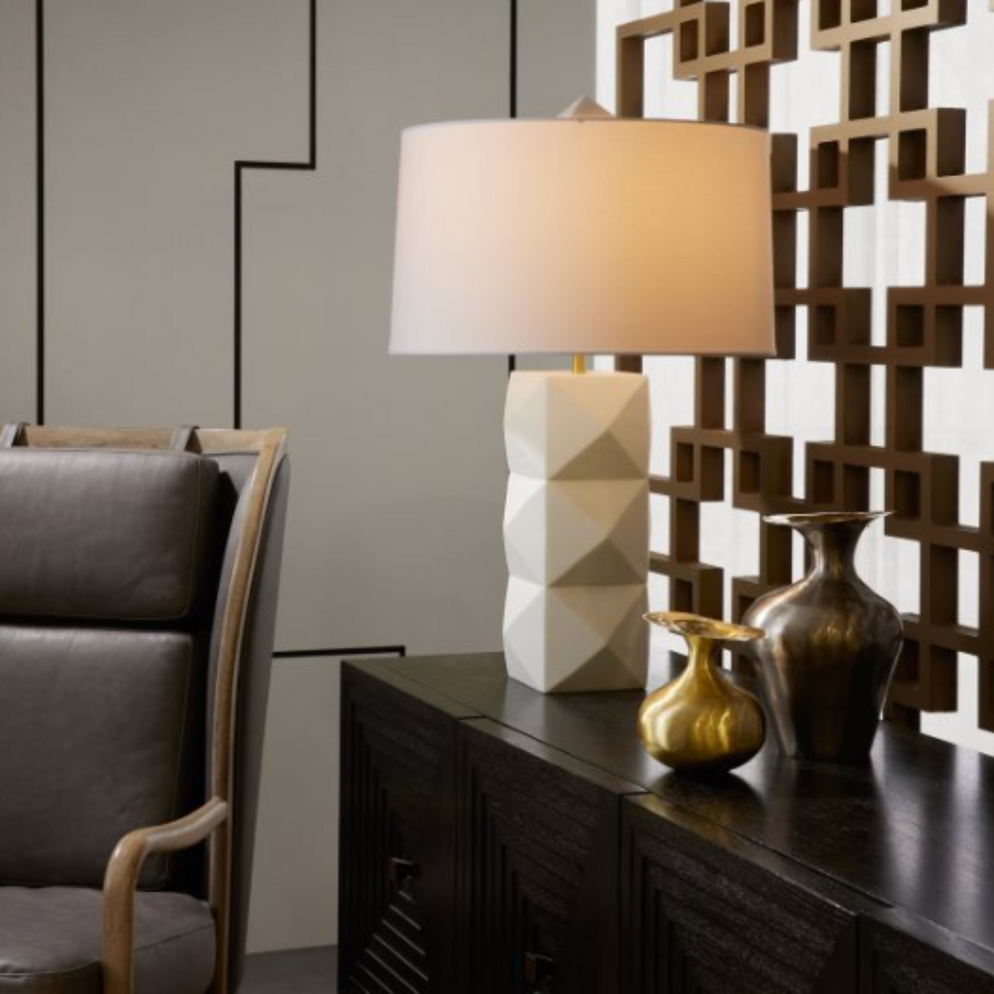 Steele Lamp - Ivory Riverstone Composite, Faceted Facade