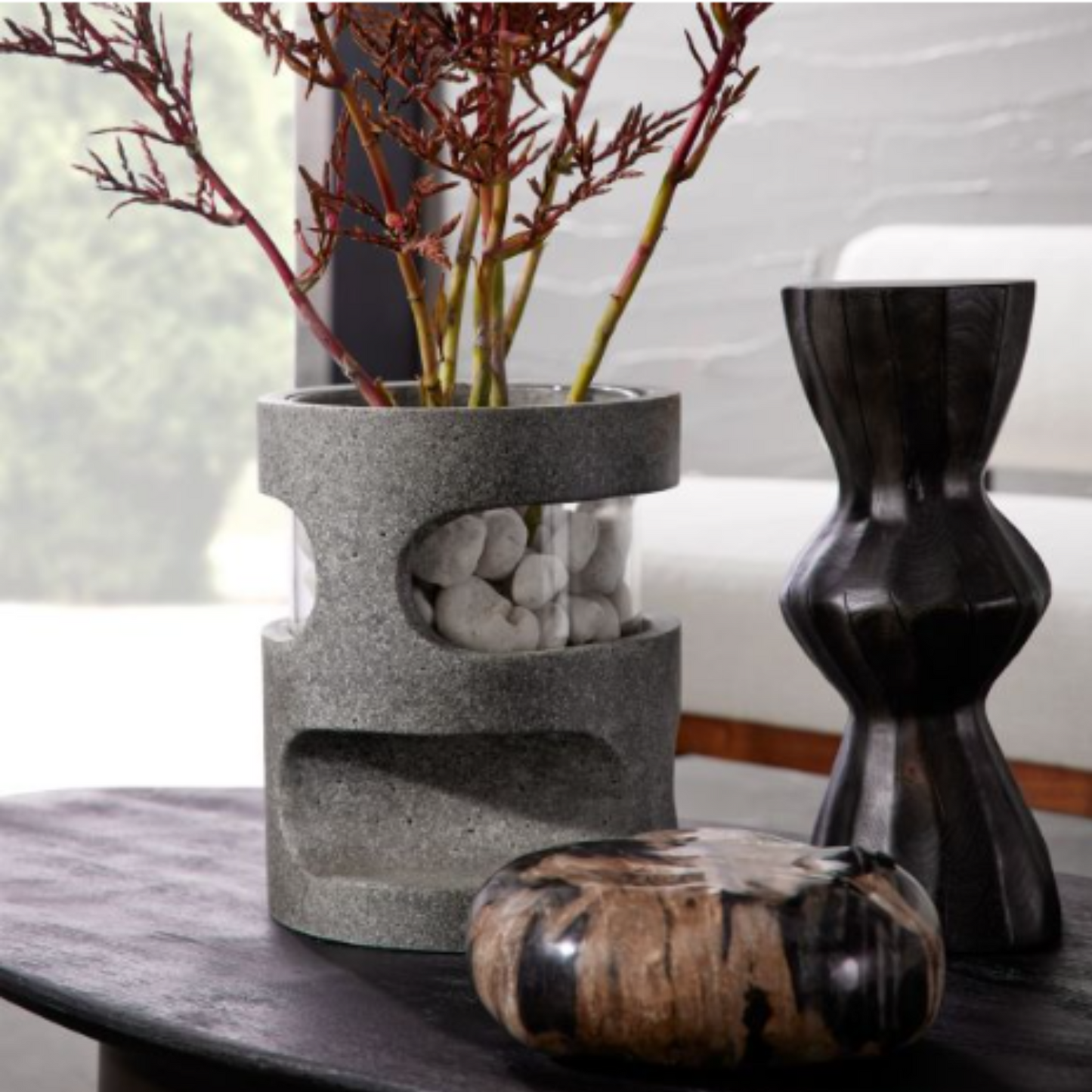 Renton Hurricane - Graphite Ricestone Composite Cubist-Style Candle Holder/Vase