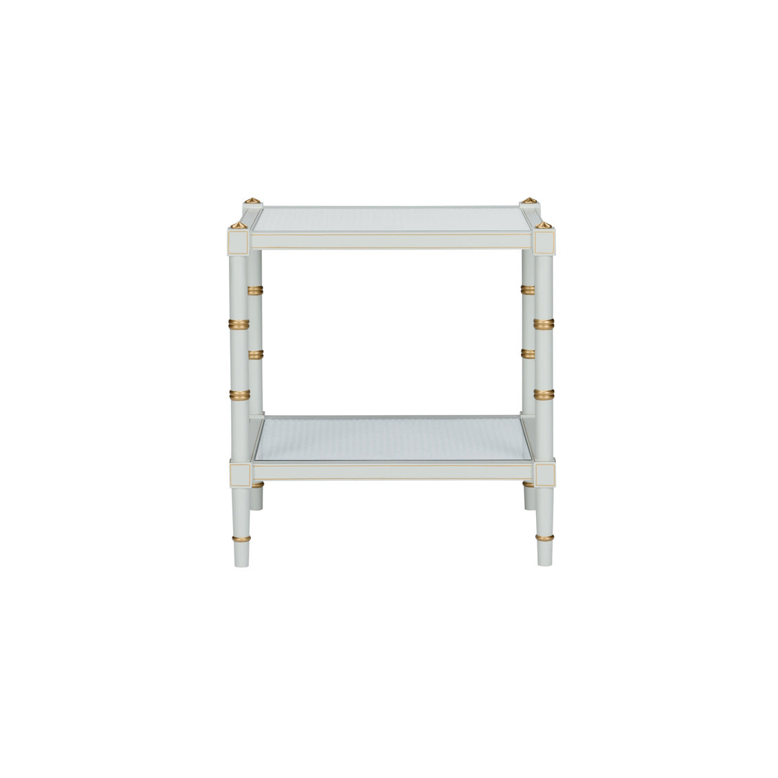 Conner Cane End Table – Gray with Gold Hand-Painted Details and Natural Caned Shelf