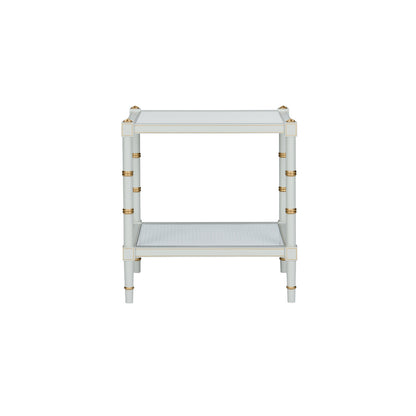 Conner Cane End Table – Gray with Gold Hand-Painted Details and Natural Caned Shelf