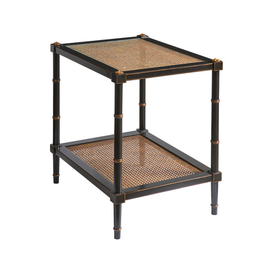 Conner Cane End Table – Black & Gold with Caned Panels and Glass Shelves