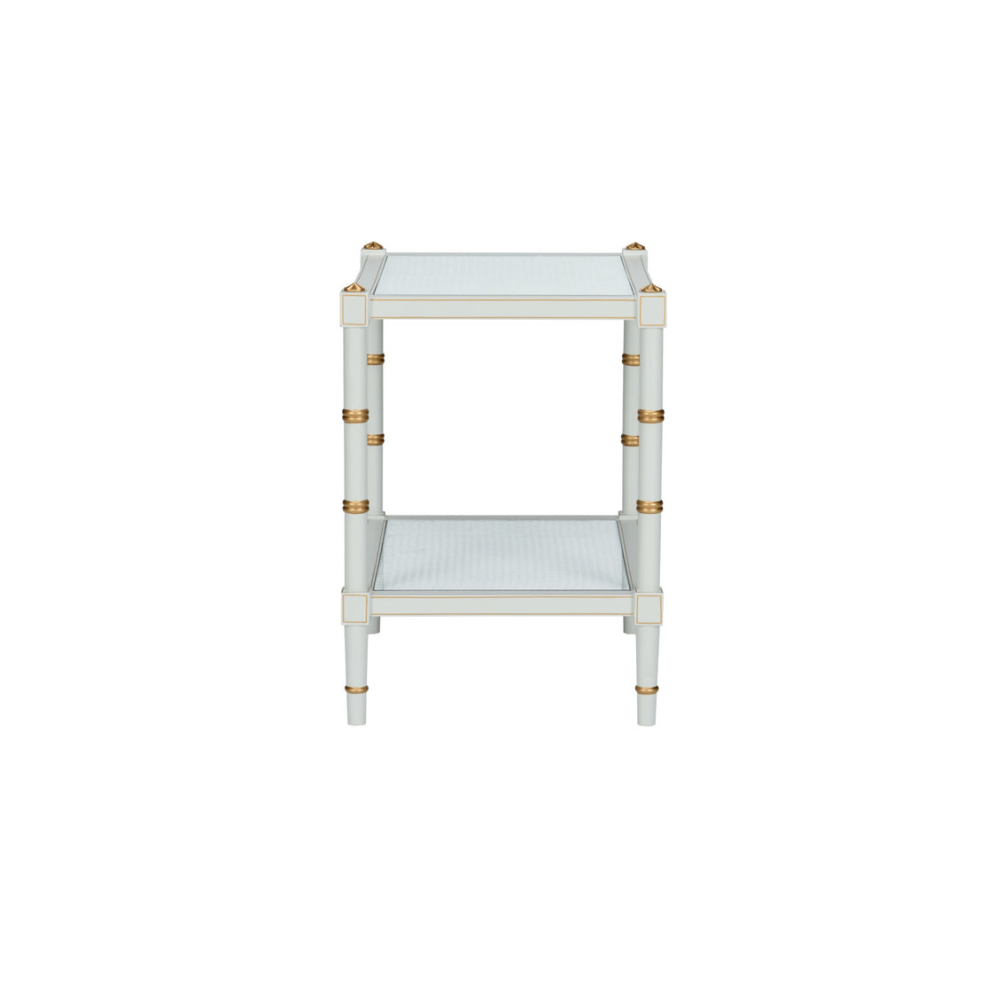 Conner Cane End Table – Gray with Gold Hand-Painted Details and Natural Caned Shelf